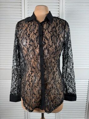 Bongo Sheer Lace Button Down Blouse XL Black Metallic Long Sleeve Sexy